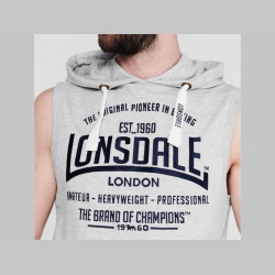 Lonsdale šedé pánske hrubé tréningové tričko s kapucou bez rukávov, vyšívané logo, materiál 60%bavlna 40%polyester